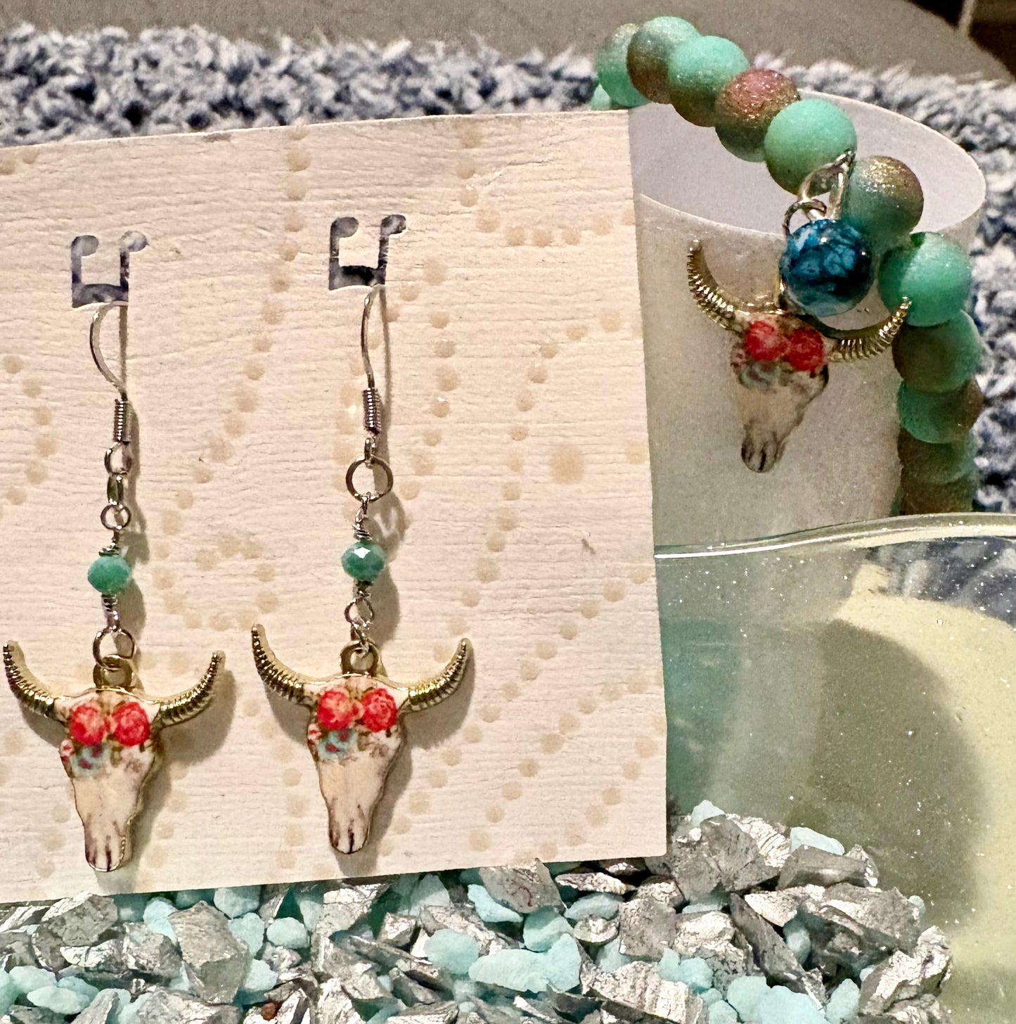 Dangle earrings-with cow and amazonite stone -handmade