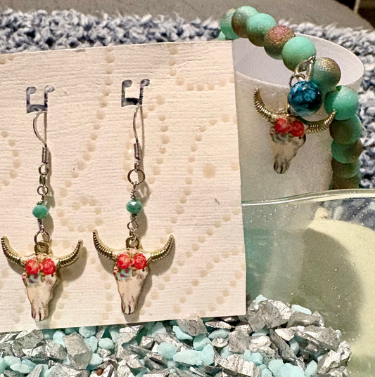 Dangle earrings with cow and amazonite stone handmade