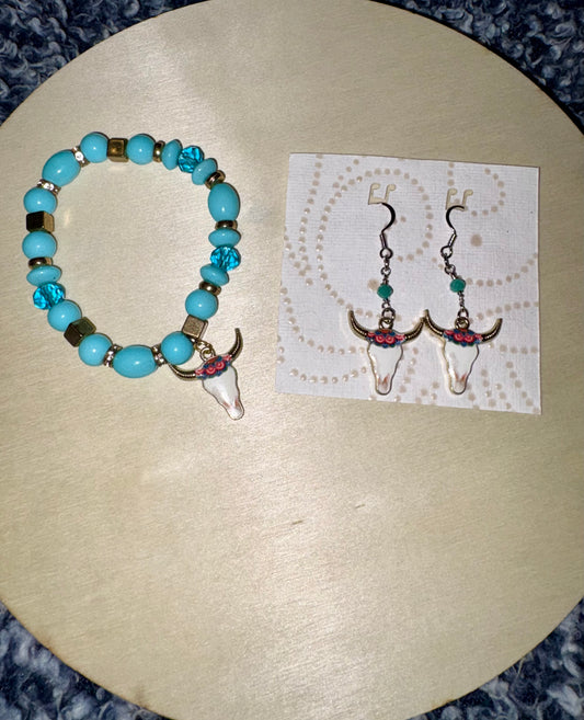 Dangle earrings with cow and amazonite stone handmade