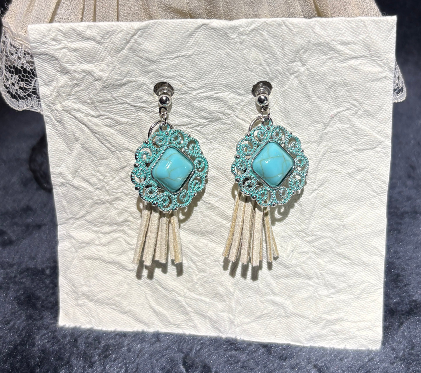 Turquoise color earrings with tassel - handmade