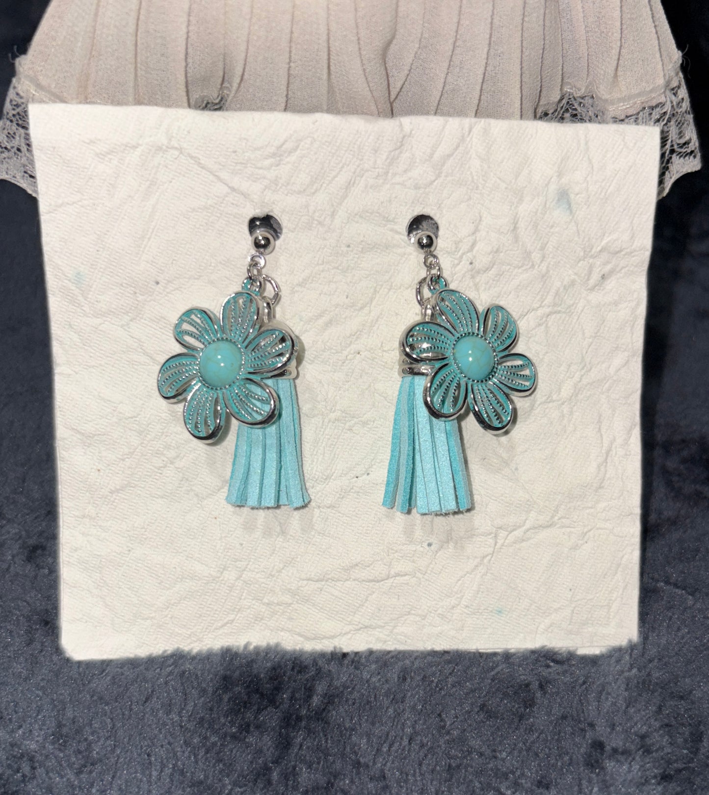Turquoise color earrings with tassel - handmade