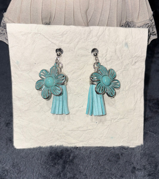 Turquoise color earrings with tassel - butterfly closure- handmade