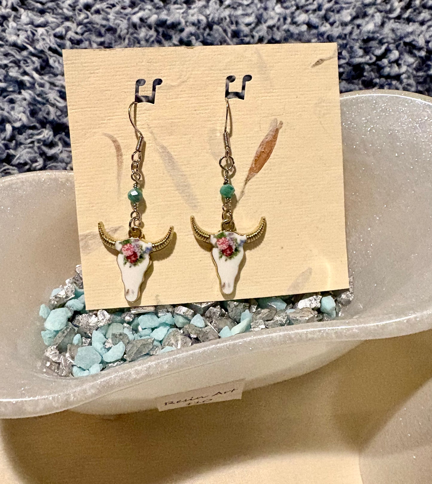 Dangle earrings with cow and amazonite stone handmade