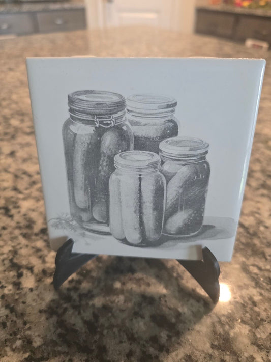 Laser engraved tiles with pickles